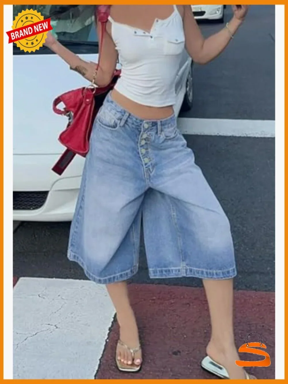 Baggy Cargo Capri Jeans Wide Leg High Waist Casual Denim Bermuda Jorts